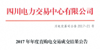 四川2017年度直購電交易結果：471.31億千瓦時