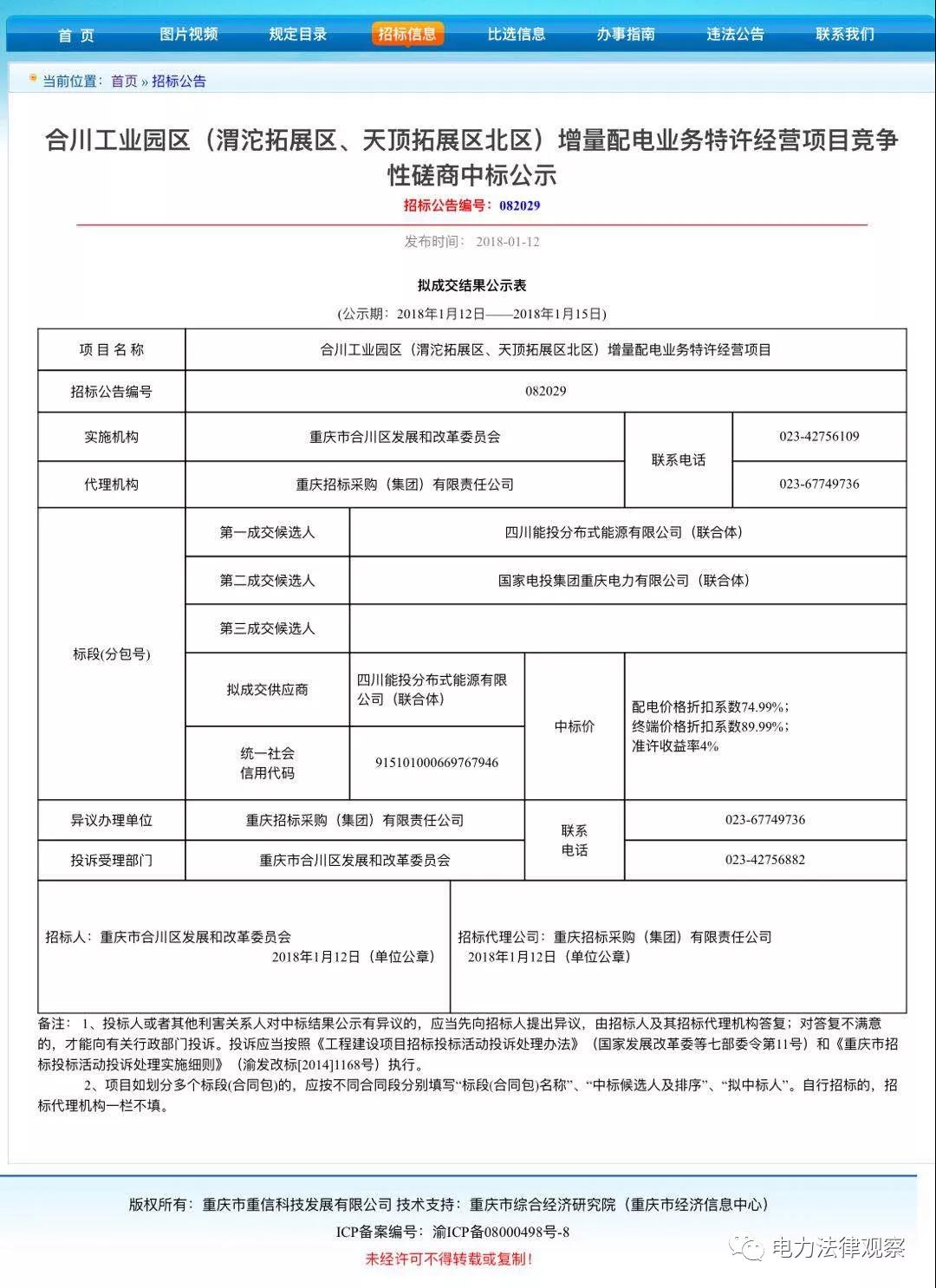 重慶合川增量配電項(xiàng)目?jī)?yōu)選結(jié)果，配電價(jià)下降25%，終端電價(jià)下降10%