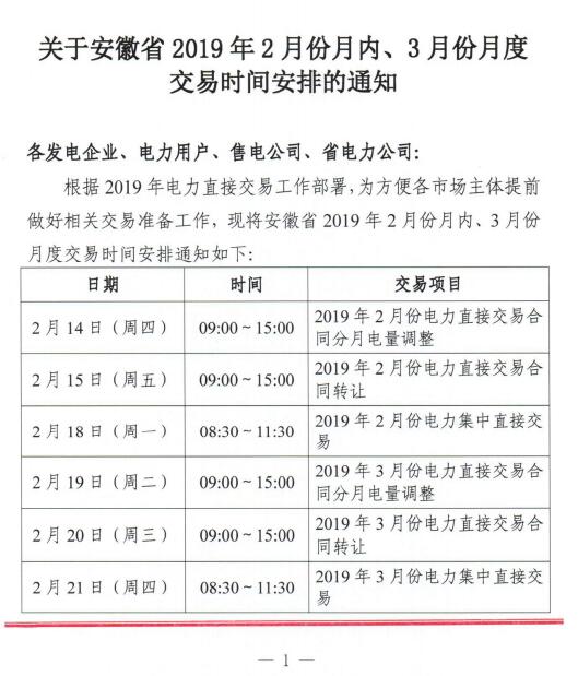 安徽2019年2月份月內(nèi)、3月份月度交易時(shí)間安排