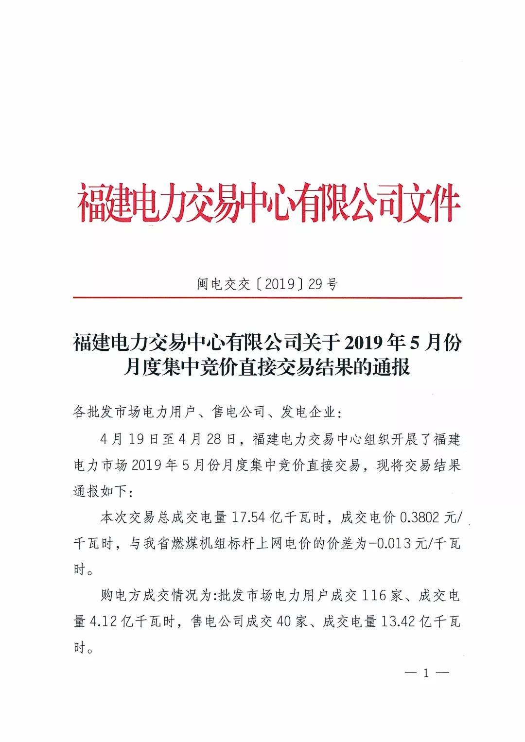 福建2019年5月份月度集中競價(jià)直接交易結(jié)果:價(jià)差-0.013元/千瓦時(shí)